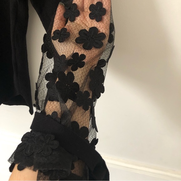 French Connection Caballo floral lace sleeve sweater black knit coquette bow M - Picture 4 of 13